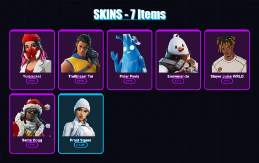 [SWITCH/XBOX/PC] | Yulejacket | Trailblazer Tai | Polar Peely | Snowmando | Slayer Juice WRLD | 7 skin | 23 pickaxe | 13 emote | 23 glider | Lv287
