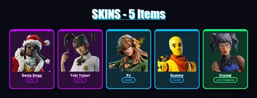 [PC] | Santa Dogg | Yuki Yubari | PJ | Dummy | Crystal | 5 skin | 23 pickaxe | 9 emote | 21 glider | Lv145