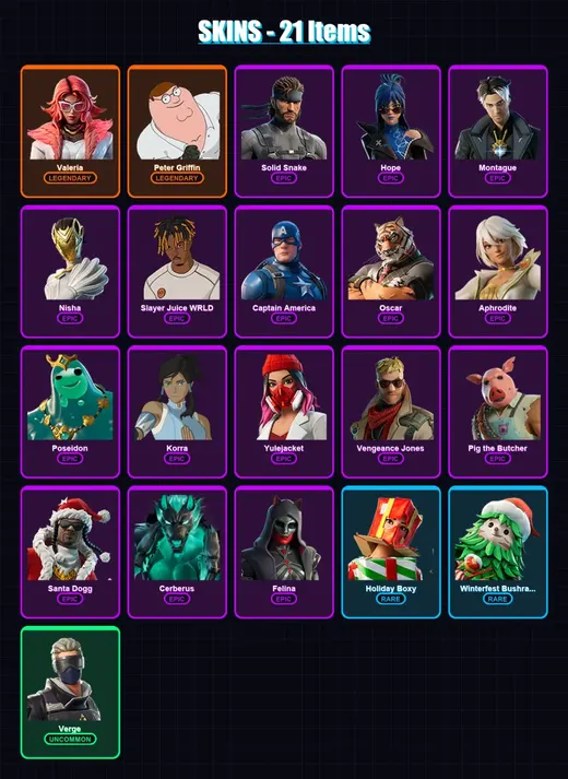 [PC/XBOX/PSN] | Valeria | Peter Griffin | Solid Snake | Hope | Montague | 21 skin | 59 pickaxe | 32 emote | 41 glider | Lv507 — Game account