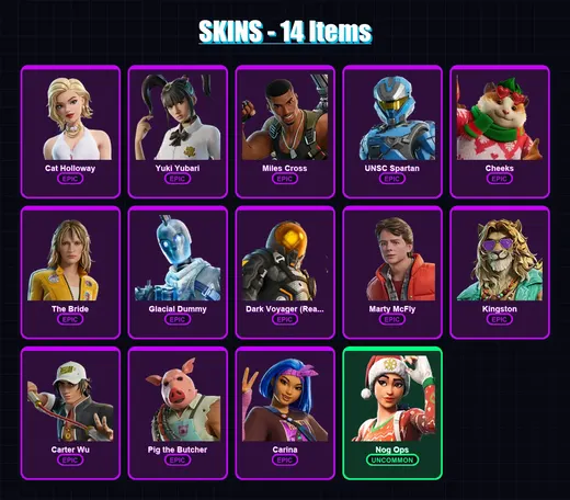 [PC/XBOX/PSN] | Cat Holloway | Yuki Yubari | Miles Cross | UNSC Spartan | Cheeks | 14 skin | 47 pickaxe | 27 emote | 38 glider | Lv982