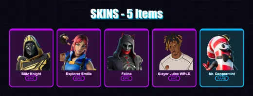 [PC/XBOX/PSN] | Blitz Knight | Explorer Emilie | Felina | Slayer Juice WRLD | Mr. Dappermint | 5 skin | 31 pickaxe | 11 emote | 22 glider | Lv332