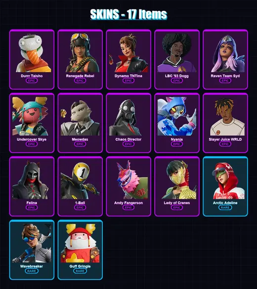 [PC/XBOX/PSN] | Durrr Taisho | Renegade Rebel | Dynamo TNTina | LBC '93 Dogg | Raven Team Syd | 17 skin | 29 pickaxe | 13 emote | 22 glider | Lv297