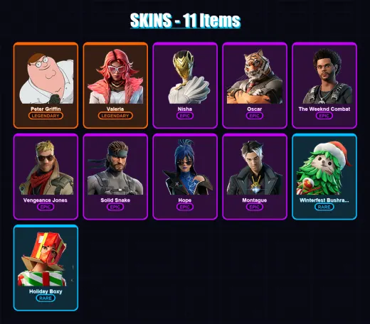 [PC/XBOX/PSN] | Peter Griffin | Valeria | Nisha | Oscar | The Weeknd Combat | 11 skin | 13 pickaxe | 9 emote | 13 glider | Lv125