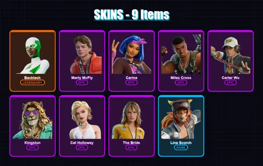 [PC/XBOX] | Backlash | Marty McFly | Carina | Miles Cross | Carter Wu | 9 skin | 32 pickaxe | 13 emote | 27 glider | Lv200