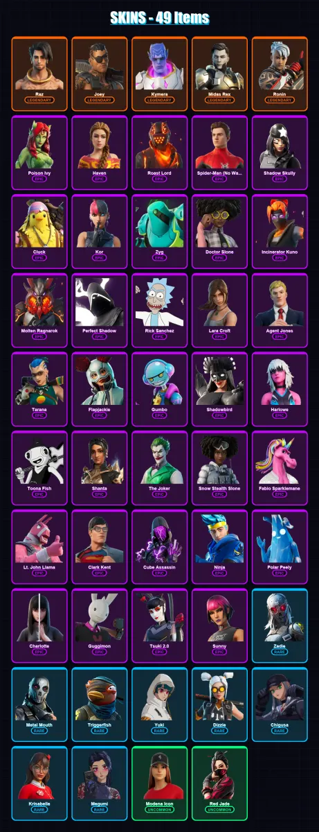[SWITCH/XBOX/PSN/PC] | Raz | Joey | Kymera | Midas Rex | Ronin | 49 skin | 35 pickaxe | 36 emote | 30 glider | Lv393