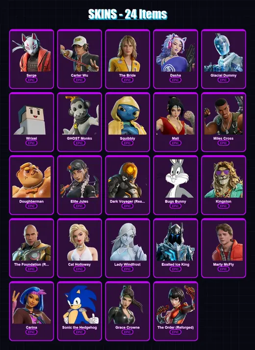 [SWITCH/XBOX/PC] | Serge | Carter Wu | The Bride | Dasha | Glacial Dummy | 24 skin | 44 pickaxe | 28 emote | 34 glider | Lv654