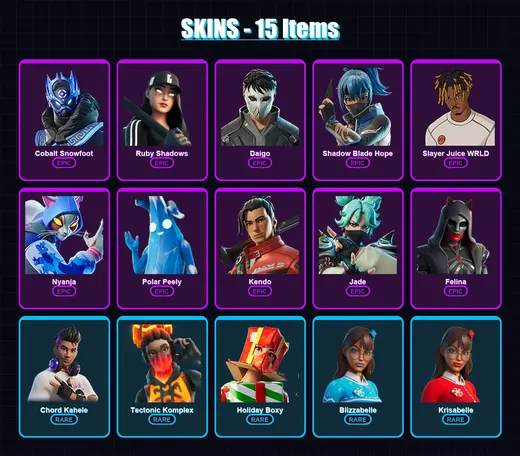 [PC/XBOX] | Cobalt Snowfoot | Ruby Shadows | Daigo | Shadow Blade Hope | Slayer Juice WRLD | 15 skin | 23 pickaxe | 25 emote | 22 glider | Lv283