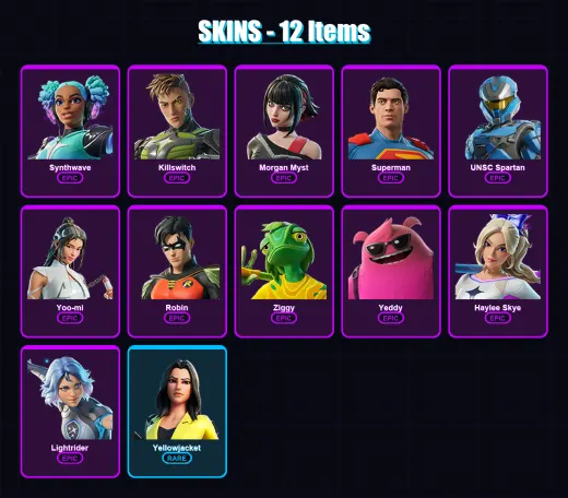 [PC/XBOX/PSN] | Synthwave | Killswitch | Morgan Myst | Superman | UNSC Spartan | 12 skin | 15 pickaxe | 15 emote | 15 glider | Lv121
