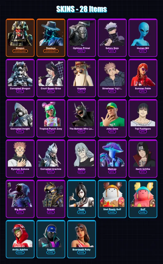 [PC/PSN] | Shogun | Deadeye | Optimus Primal | Satoru Gojo | Human Bill | 28 skin | 50 pickaxe | 62 emote | 37 glider | Lv731