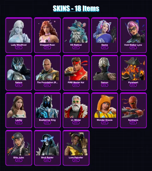 [PC/PSN] | Lady Windfrost | Chappell Roan | KD Rattical | Dasha | Void Walker Lynx | 18 skin | 32 pickaxe | 17 emote | 19 glider | Lv163