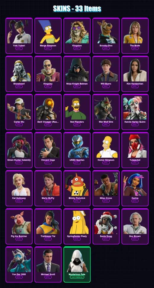 [SWITCH/XBOX/PC] | Yuki Yubari | Marge Simpson | Kingston | Scooby-Doo | The Bride | 33 skin | 70 pickaxe | 37 emote | 46 glider | Lv760