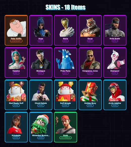 [PC/XBOX/PSN] | Peter Griffin | Hope | Nisha | Oscar | Solid Snake | 18 skin | 27 pickaxe | 16 emote | 23 glider | Lv208 — Game account