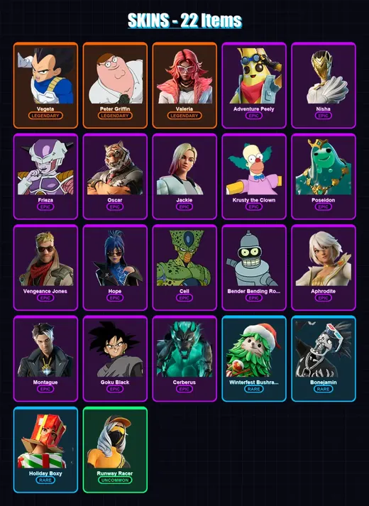 [PC/XBOX/PSN] | Vegeta | Peter Griffin | Valeria | Adventure Peely | Nisha | 22 skin | 21 pickaxe | 25 emote | 13 glider | Lv204
