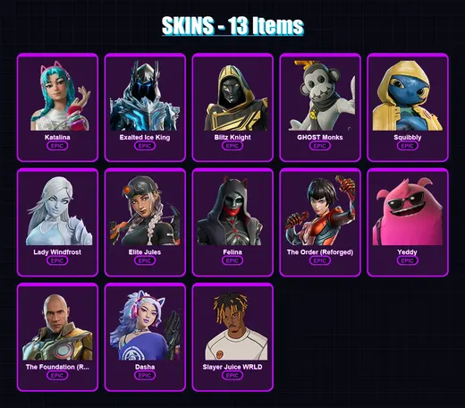 [PC/XBOX/PSN] | Katalina | Exalted Ice King | Blitz Knight | GHOST Monks | Squibbly | 13 skin | 40 pickaxe | 20 emote | 31 glider | Lv315
