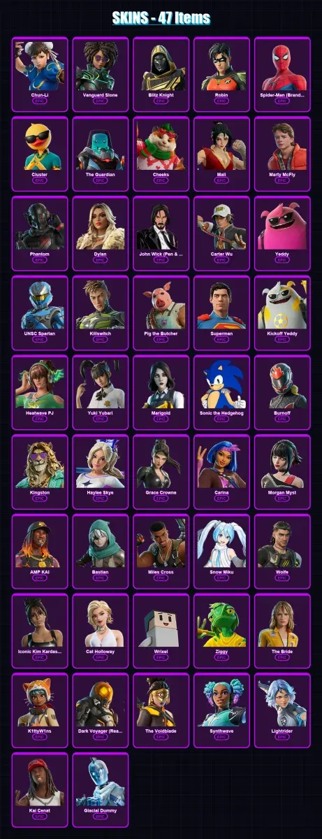 [PC/PSN] | Chun-Li | Vanguard Slone | Blitz Knight | Robin | Spider-Man (Brand New Day) | 47 skin | 95 pickaxe | 58 emote | 68 glider | Lv2239 — Game account