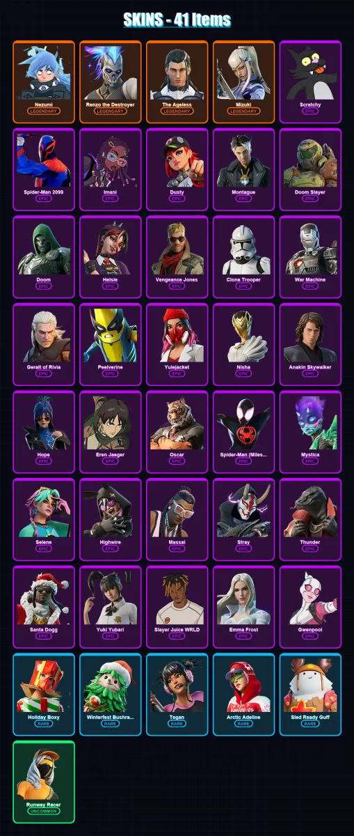 [PS4/PS5/PC] | Nezumi | Renzo the Destroyer | The Ageless | Mizuki | Scratchy | 41 skin | 81 pickaxe | 56 emote | 62 glider | Lv896