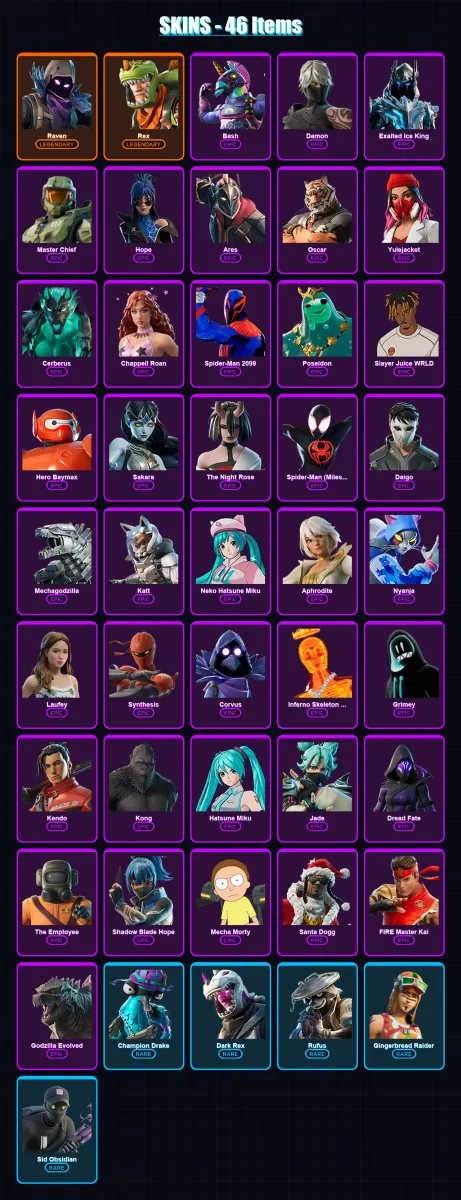 [PC/PSN] | Raven | Rex | Bash | Damon | Exalted Ice King | 46 skin | 63 pickaxe | 43 emote | 30 glider | Lv278