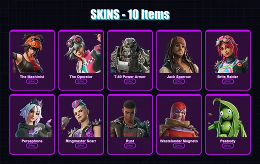 [PC/PSN] | The Machinist | The Operator | T-60 Power Armor | Jack Sparrow | Brite Raider | 10 skin | 11 pickaxe | 9 emote | 10 glider | Lv67 — Game account