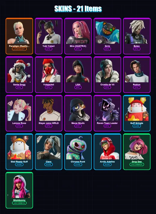 [PC/XBOX/PSN] | Paradigm (Reality-659) | Yuki Yubari | Mira (HUNTR/X) | Grriz | Bytes | 21 skin | 45 pickaxe | 26 emote | 30 glider | Lv380