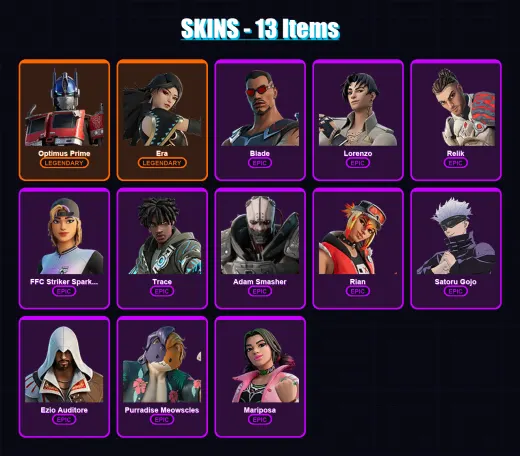 [PC/XBOX/PSN] | Optimus Prime | Era | Blade | Lorenzo | Relik | 13 skin | 10 pickaxe | 11 emote | 11 glider | Lv185