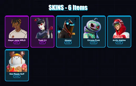 [PS4/PS5/XBOX/PC] | Slayer Juice WRLD | Tsuki 2.0 | Absenz | Chrome Punk | Arctic Adeline | 6 skin | 40 pickaxe | 21 emote | 35 glider | Lv501