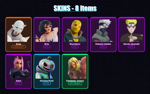 [PC/PSN] | Snap | Evie | Stormfarer | Kakashi Hatake | Naruto Uzumaki | 8 skin | 17 pickaxe | 14 emote | 18 glider | Lv375