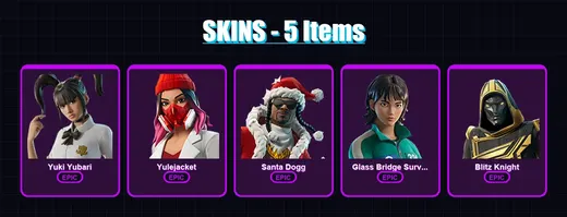 [PS4/PS5/XBOX/PC] | Yuki Yubari | Yulejacket | Santa Dogg | Glass Bridge Survivor | Blitz Knight | 5 skin | 37 pickaxe | 15 emote | 23 glider | Lv22