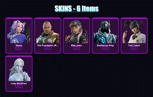 [PC/XBOX/PSN] | Dasha | The Foundation (Reforged) | Elite Jules | Exalted Ice King | Yuki Yubari | 6 skin | 27 pickaxe | 15 emote | 25 glider | Lv21