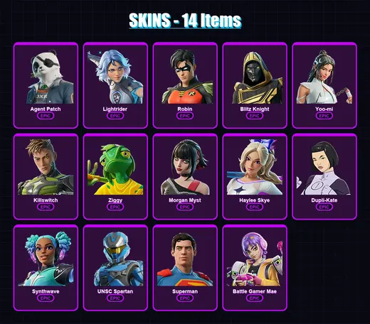 [PS4/PS5/XBOX/PC] | Agent Patch | Lightrider | Robin | Blitz Knight | Yoo-mi | 14 skin | 58 pickaxe | 30 emote | 43 glider | Lv608 — Game account