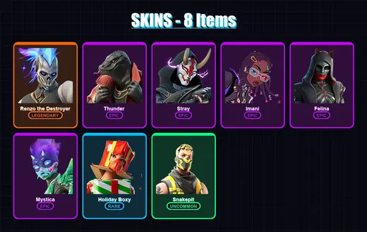 [PC/XBOX/PSN] | Renzo the Destroyer | Thunder | Stray | Imani | Felina | 8 skin | 24 pickaxe | 14 emote | 16 glider | Lv251