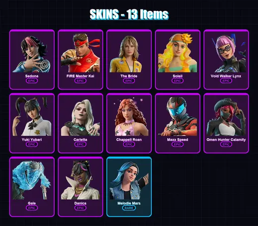 [PC/PSN] | Sedona | FIRE Master Kai | The Bride | Soleil | Void Walker Lynx | 13 skin | 14 pickaxe | 5 emote | 10 glider | Lv56