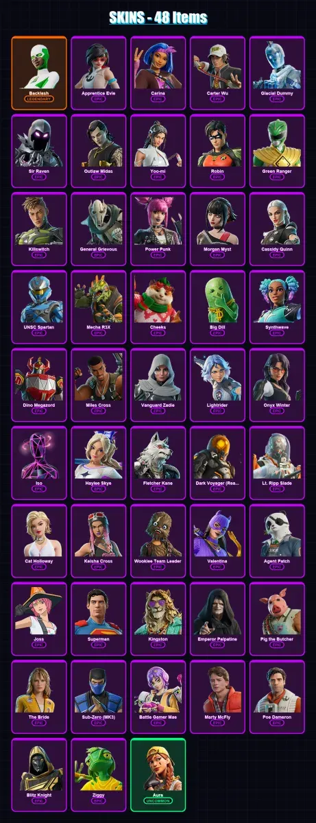 [PC/XBOX/PSN] | Backlash | Apprentice Evie | Carina | Carter Wu | Glacial Dummy | 48 skin | 82 pickaxe | 56 emote | 60 glider | Lv843
