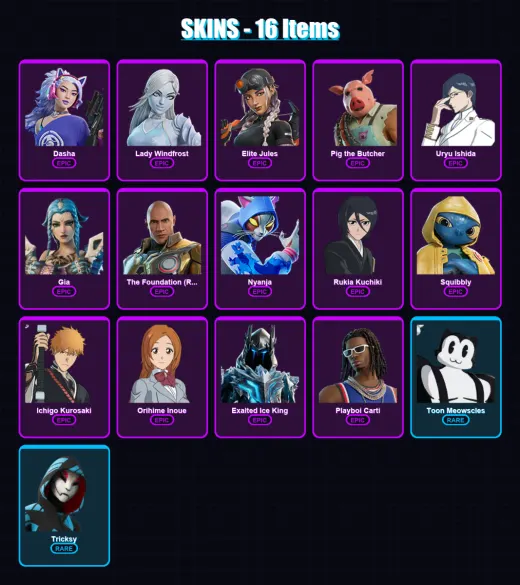 [PC/XBOX/PSN] | Dasha | Lady Windfrost | Elite Jules | Pig the Butcher | Uryu Ishida | 16 skin | 51 pickaxe | 32 emote | 44 glider | Lv502