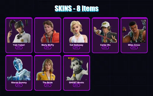 [PC/XBOX/PSN] | Yuki Yubari | Marty McFly | Cat Holloway | Carter Wu | Miles Cross | 8 skin | 20 pickaxe | 9 emote | 10 glider | Lv91
