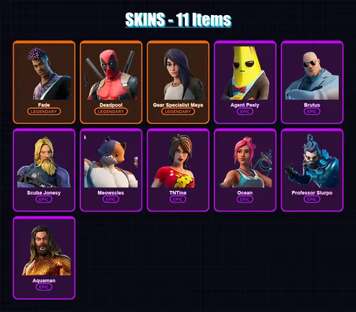 [PC/XBOX/PSN] | Fade | Deadpool | Gear Specialist Maya | Agent Peely | Brutus | 11 skin | 13 pickaxe | 15 emote | 16 glider | Lv145