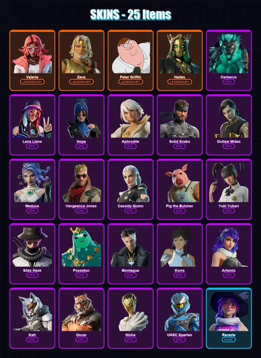 [PS4/PS5/XBOX/PC] | Valeria | Zeus | Peter Griffin | Hades | Cerberus | 25 skin | 69 pickaxe | 50 emote | 43 glider | Lv852 — Game account