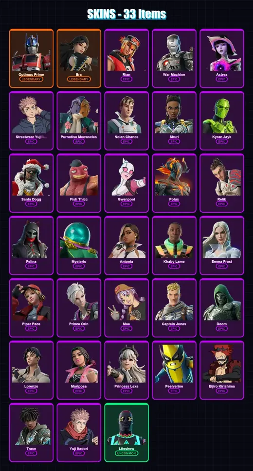 [PC/XBOX/PSN] | Optimus Prime | Era | Rian | War Machine | Astrea | 33 skin | 72 pickaxe | 38 emote | 47 glider | Lv793 — Game account