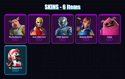 [PS4/PS5/XBOX/PC] | Pig the Butcher | Aces Wild Card | UNSC Spartan | Explorer Emilie | Yeddy | 6 skin | 42 pickaxe | 15 emote | 34 glider | Lv503