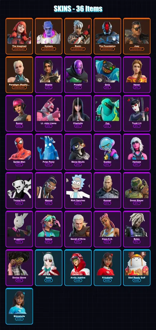 [PC/XBOX/PSN] | The Imagined | Kymera | Ronin | The Foundation | Joey | 36 skin | 41 pickaxe | 30 emote | 41 glider | Lv470 — Game account
