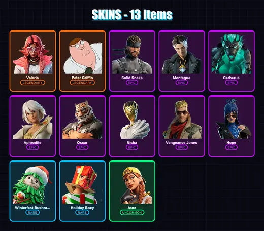 [PS4/PS5/XBOX/PC] | Valeria | Peter Griffin | Solid Snake | Montague | Cerberus | 13 skin | 16 pickaxe | 18 emote | 16 glider | Lv191 — Game account