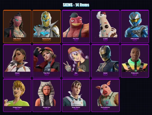 [PC/XBOX] | Kado Thorne | Spectra Knight | Fish Thicc | Lil Split | UNSC Spartan | 14 skin | 37 pickaxe | 21 emote | 29 glider | Lv374