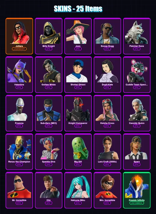 [PS4/PS5/XBOX/PC] | Joltara | Blitz Knight | Joss | Snoop Dogg | Fletcher Kane | 25 skin | 52 pickaxe | 33 emote | 32 glider | Lv581
