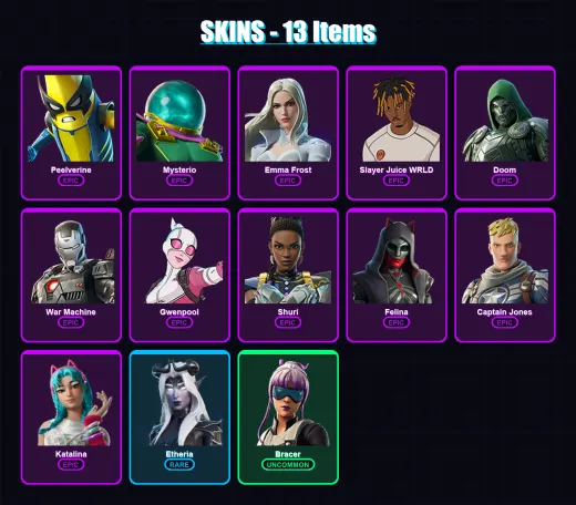 [PC/XBOX/PSN] | Peelverine | Mysterio | Emma Frost | Slayer Juice WRLD | Doom | 13 skin | 22 pickaxe | 19 emote | 14 glider | Lv581