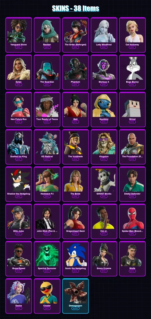 [PC/PSN] | Vanguard Slone | Bastian | The Order (Reforged) | Lady Windfrost | Cat Holloway | 38 skin | 48 pickaxe | 32 emote | 39 glider | Lv385