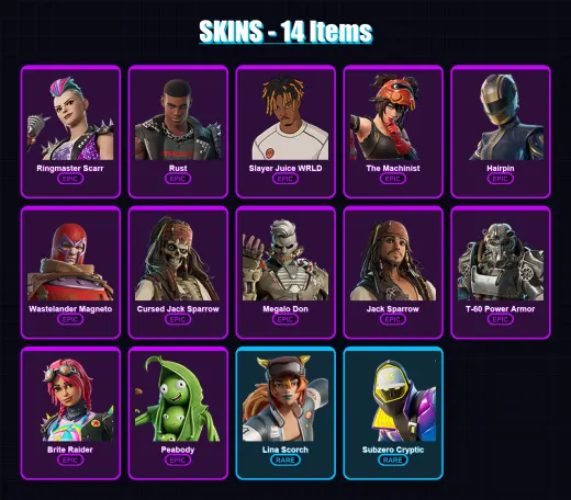 [PS4/PS5/XBOX/PC] | Ringmaster Scarr | Rust | Slayer Juice WRLD | The Machinist | Hairpin | 14 skin | 23 pickaxe | 25 emote | 20 glider | Lv196