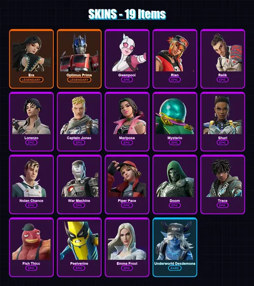 [PS4/PS5/XBOX/PC] | Era | Optimus Prime | Gwenpool | Rian | Relik | 19 skin | 33 pickaxe | 22 emote | 27 glider | Lv515 — Game account