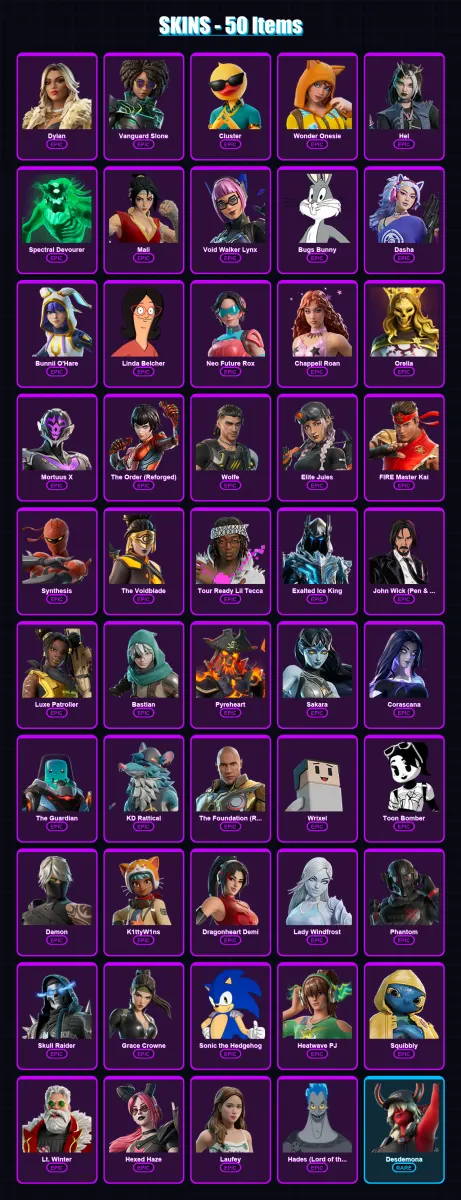 [PC/PSN] | Dylan | Vanguard Slone | Cluster | Wonder Onesie | Hel | 50 skin | 68 pickaxe | 37 emote | 43 glider | Lv1015
