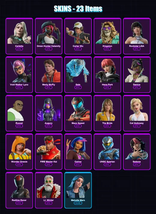 [PC/XBOX/PSN] | Carletta | Omen Hunter Calamity | Carter Wu | Kingston | Rockstar LISA | 23 skin | 23 pickaxe | 14 emote | 13 glider | Lv78