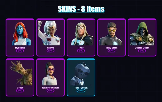 [PC/XBOX/PSN] | Mystique | Storm | Thor | Tony Stark | Doctor Doom | 8 skin | 29 pickaxe | 19 emote | 29 glider | Lv599