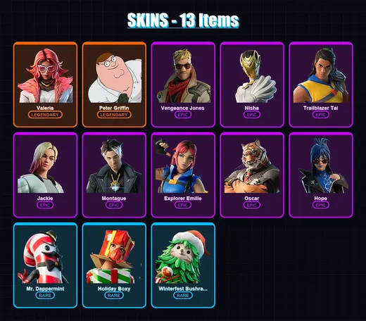[PC/XBOX] | Valeria | Peter Griffin | Vengeance Jones | Nisha | Trailblazer Tai | 13 skin | 11 pickaxe | 7 emote | 9 glider | Lv147